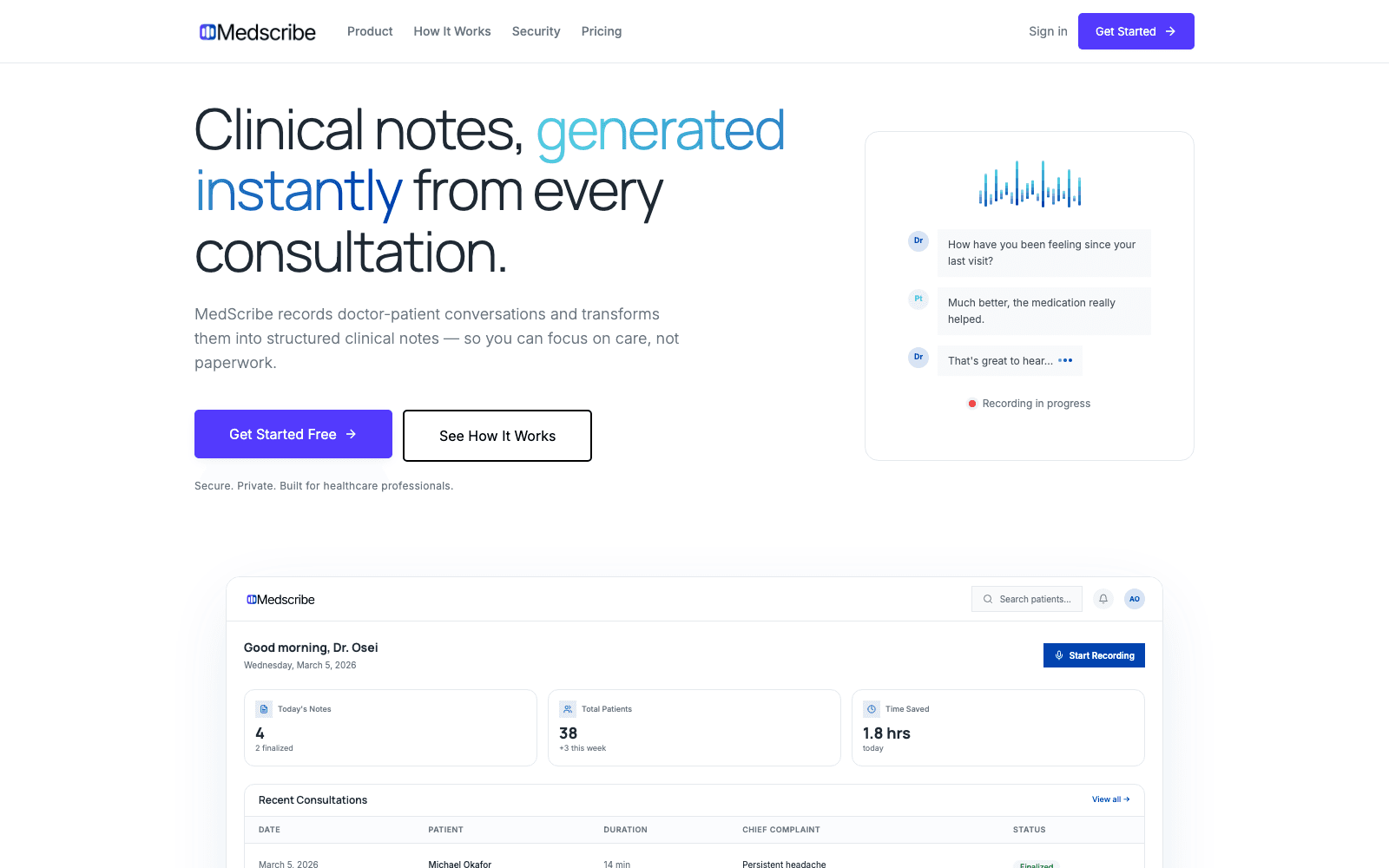 Medscribe homepage showing its AI clinical notes workflow