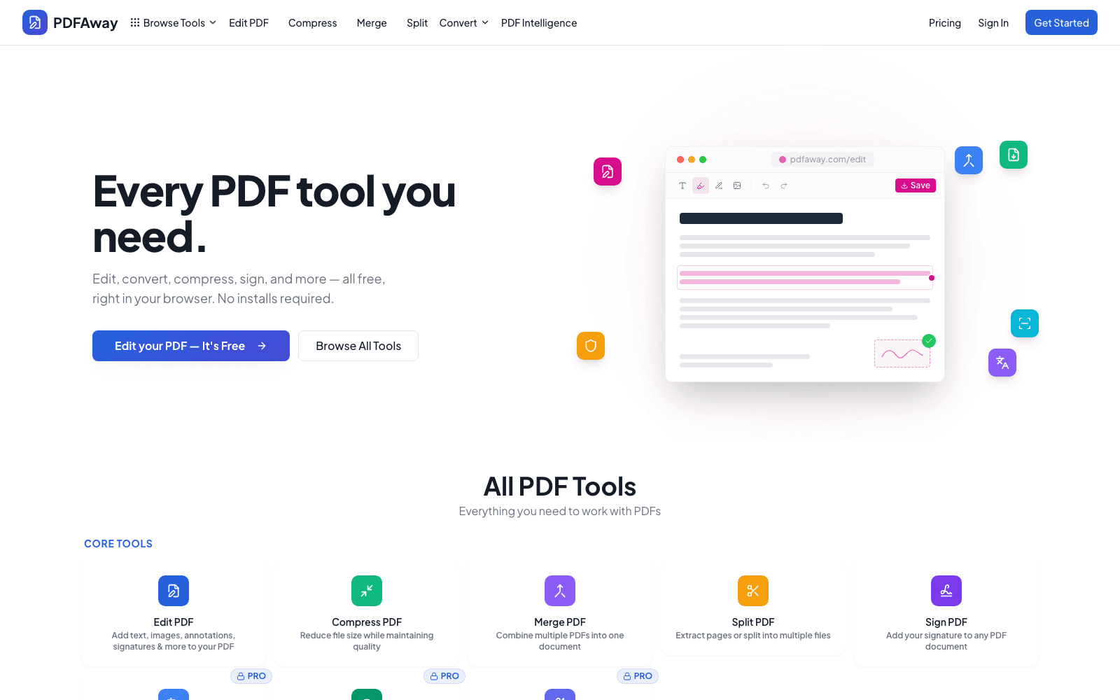PDFAway homepage with its browser-based PDF editor and tool library